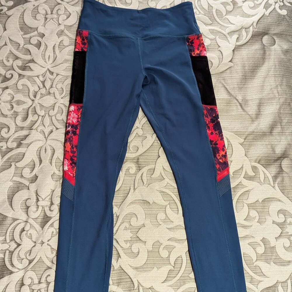 Zyia Blue & Spring Floral Mesh Pocket Light n Tight 7/8 24"Leggings, Size 6-8